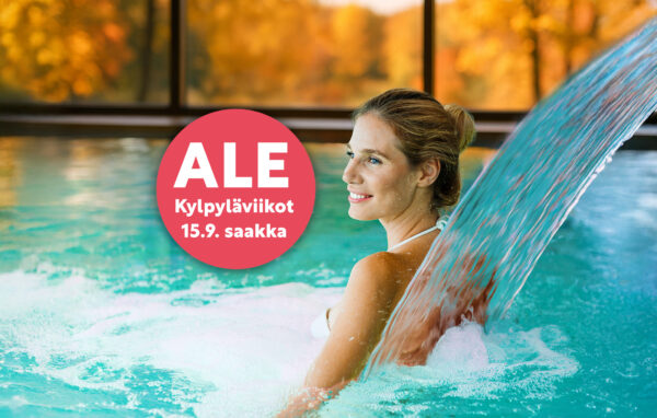 Nainen kylpylässä vesihierontapisteellä. Taustalla syksyinen maisema. Tekstinosto ALE - Kylpyläviikot 15.9. saakka.
