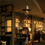 Ravintola, johon paistaa ilta-aurinko